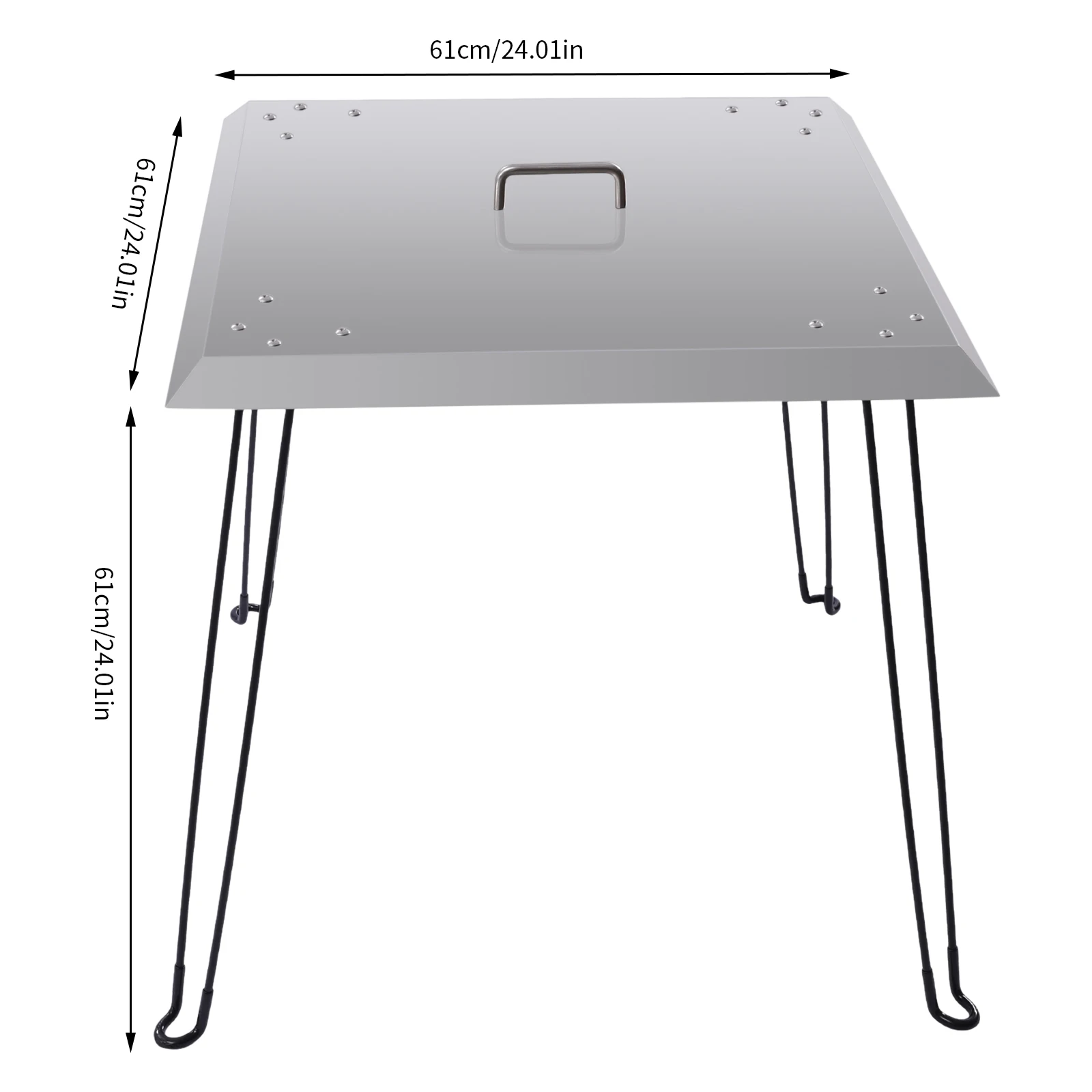 Fire Pit Heat Deflector Outdoor Stainless Steel Fire Pit Cover Square Burner Cover with 4 Foldable Legs&Carrying Handle