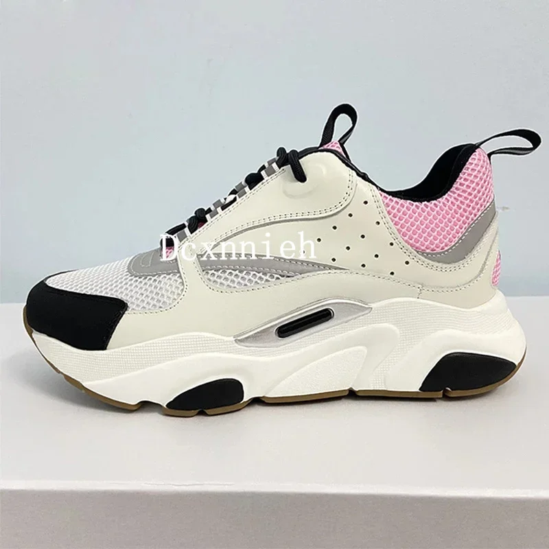 

Spring Autumn Mesh Breathable Casual Shoes Lace up Color Matching Flat Shoes Round Toe Thick Heels Leather Sneakers Unisex