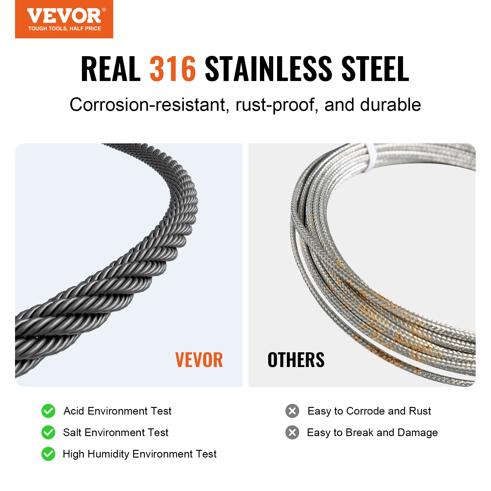 VEVOR 7x7 Strands Wire Rope Kit 1/8" 500ft 316 Stainless Steel Cable with Cutter & Gloves Core Marine for Handrail Stair Decking