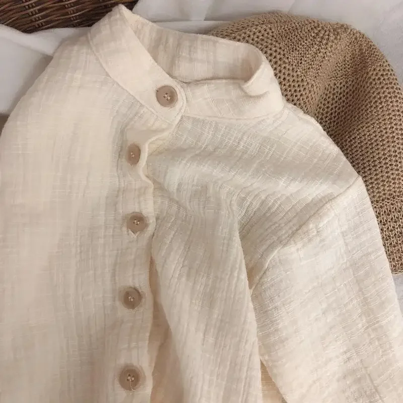 Spring  Autumn New Korean Children's Cotton and Linen Standing Neck Shirt Long Sleeved Loose Cotton Linen Shirt Top Long Sleeved 2