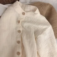 Spring  Autumn New Korean Children's Cotton and Linen Standing Neck Shirt Long Sleeved Loose Cotton Linen Shirt Top Long Sleeved 2