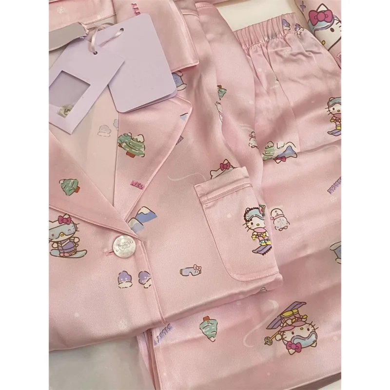 

Женский пижамный комплект Hello Kitty Y2k, розовый пижамный комплект из двух предметов, Топ с длинным рукавом и штаны с мультяшным рисунком, Повседневная однотонная домашняя одежда