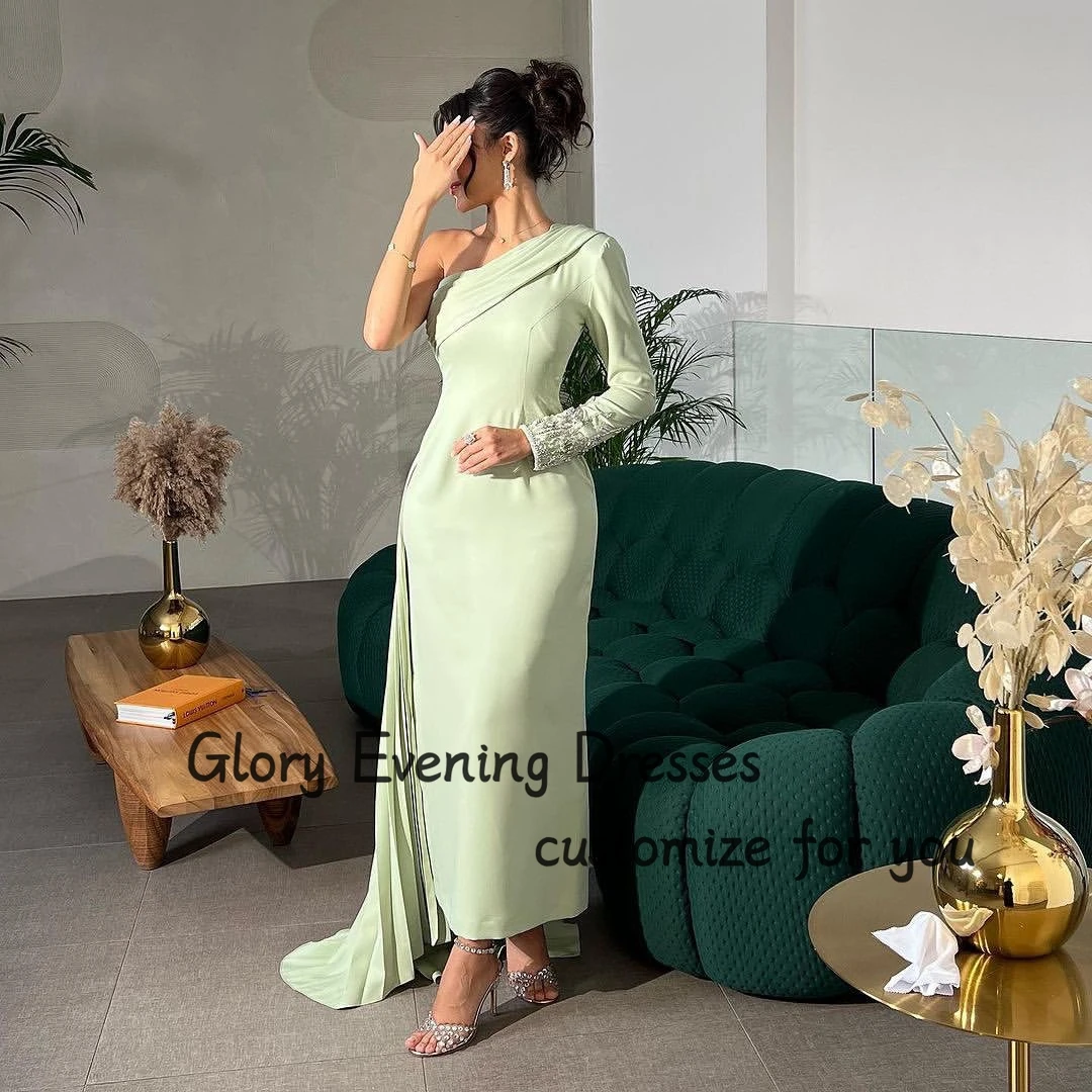 

Sage Green Crystal One-Shoulder Evening Dresses Pleated Tail Side Split Long Sleeve Prom Dresses Formal Occasion Party Gown