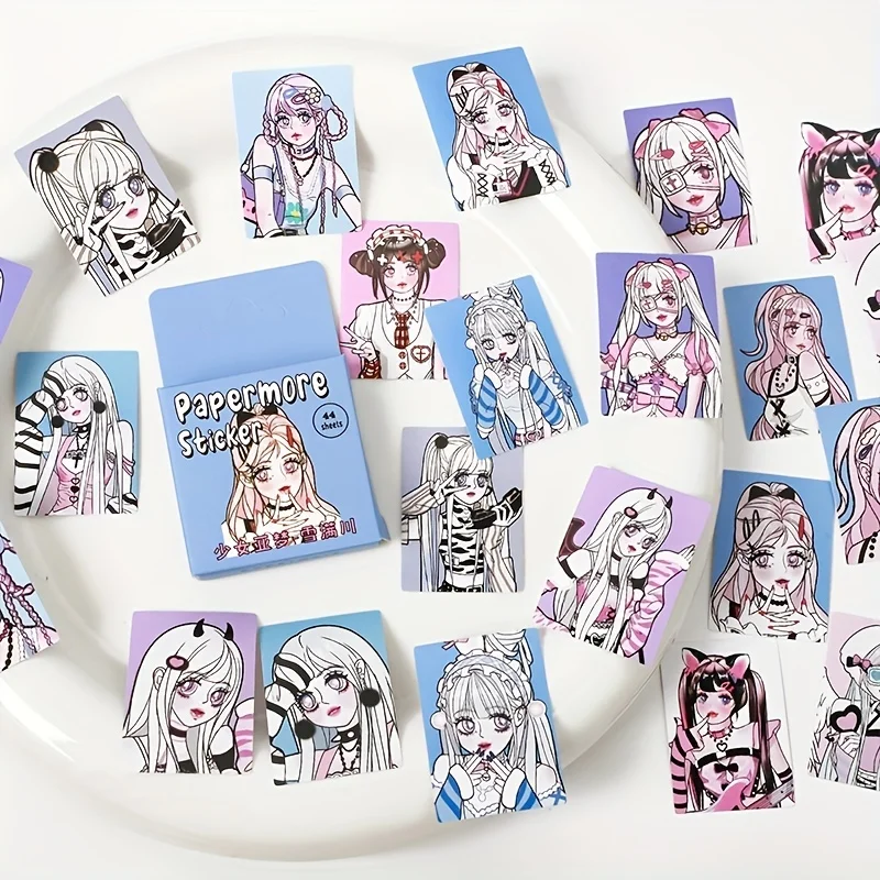 

44pcs Cartoon Cute Cool Girl Sticker Box for DIY Phone Case Photos Collage Scrapbooking Decoration Art Crafts