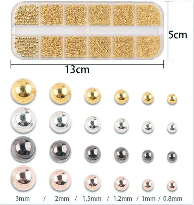 1 상자 6 크기 0.8-3.0mm 금속 구슬 라운드 골드 실버 로즈 네일 아트 장식 DIY 매니큐어 손톱에 대 한 마이크로 스틸 볼 스 터 드