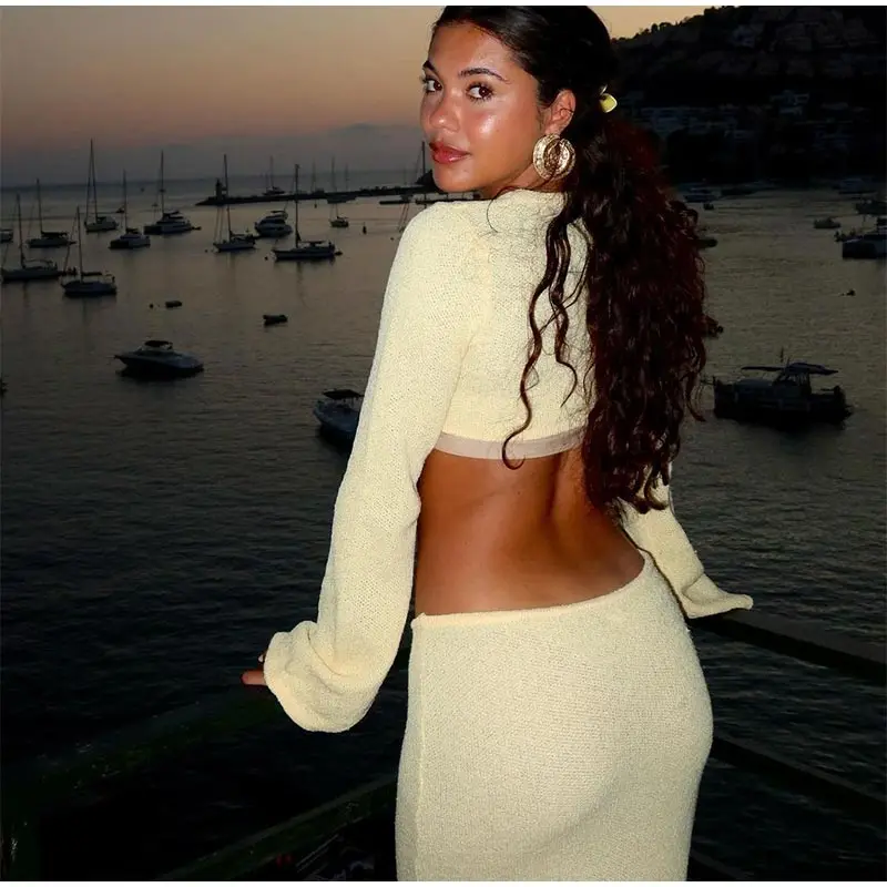 Sexy Knitted Hollow Out Long Dresses Women Casual Solid Slim Fit O-neck Slit Maxi Dress Sun Protection Female Summer Beach Party