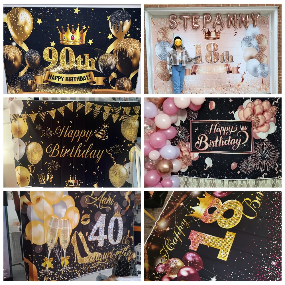 Photo Backdrop Adult Happy Birthday Party Decor Glitter Golden Balloon Wedding Customize