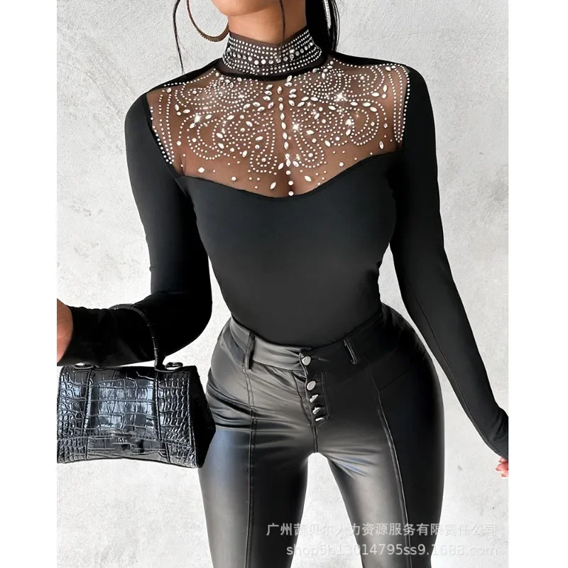 

Long Sleeve Skinny Slim Fit Patchwork Sexy Tshirts Tops Wepbel Rhinestone Mesh Tshirt Top Women See Throught Spring Sexy Tshirt