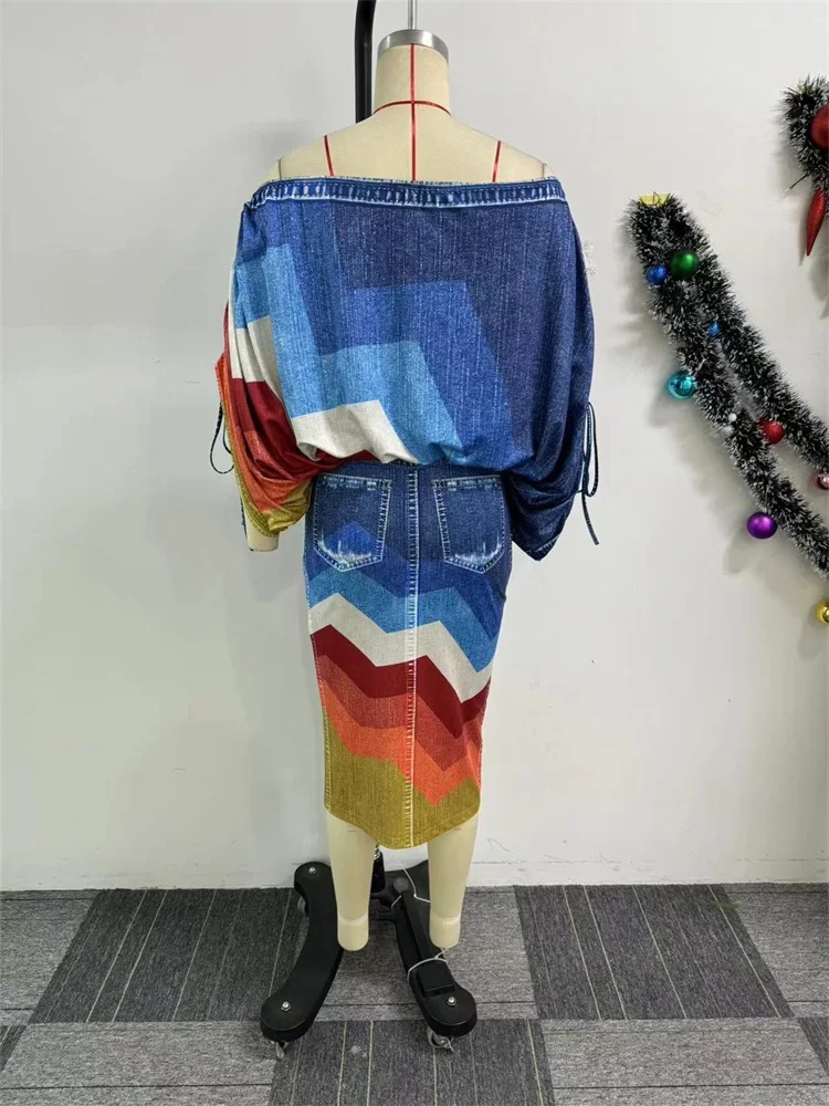 Wmstar Women's One shoulder Long Casual Sleeve Printed Blue Bat Sleeve Top Slit Short Skirt Two piece Set Wholesale Dropshipping