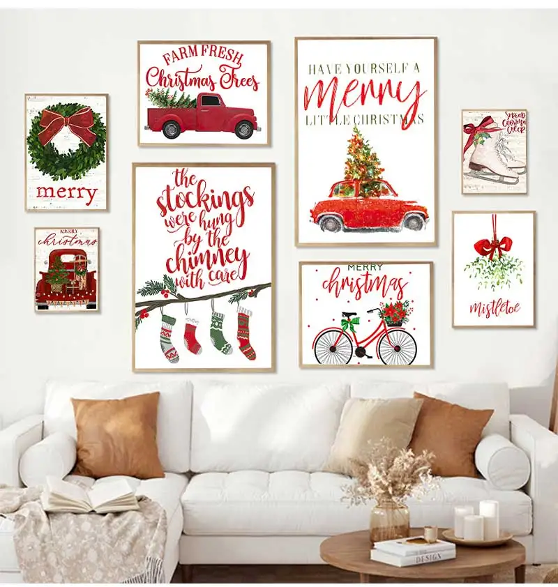 Wall Art Canvas Painting Nordic Stocking Truck Car Art Retro Posters and Prints Pictures Merry Christmas Kids Room Home Decor