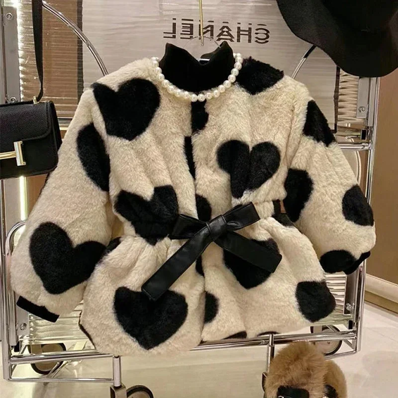 페이크 퍼 여아용 러브 프린트 울 두꺼운 보온 코트 가을 겨울 신상  아동용 아우터 가디건 (26세)