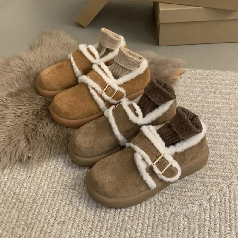 

Лоферы женские с круглым носком, повседневные кроссовки на платформе, криперы без застежки, меховые, в стиле ретро, Осень-зима