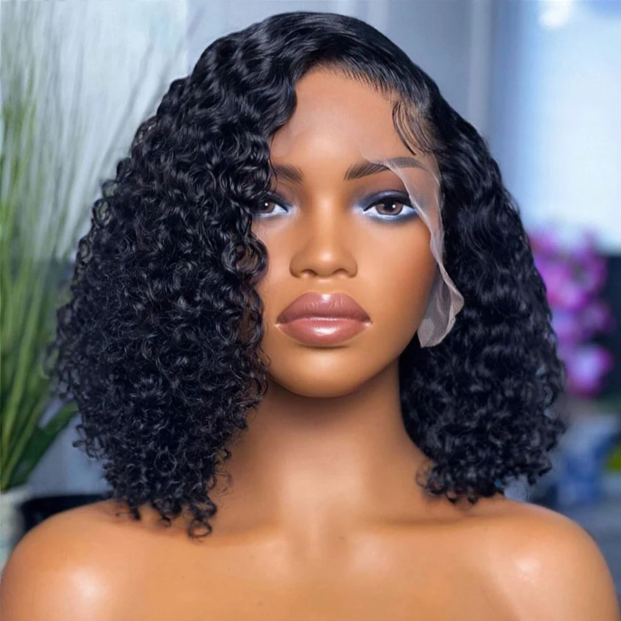 

Soft Short Bob Natural Black Kinky Curly 180% Density Transparent Lace Front Wigs For Women Babyhair Preplucked Glueless Daily