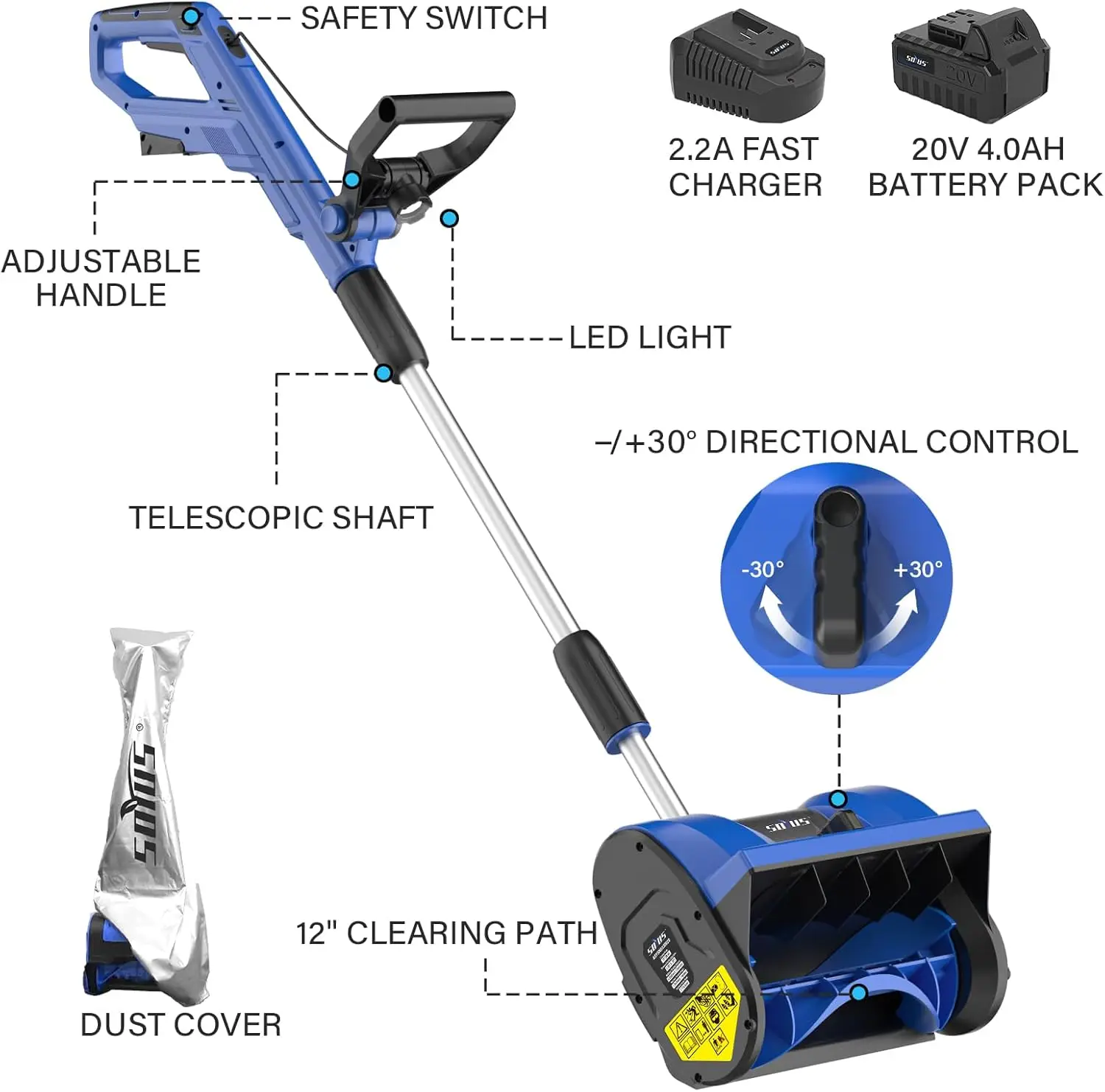 Electric Snow Shovel Cordless, 20V 12-Inch Electric Snow Blower, Snow Shovel for Driveway with Handle LED Light