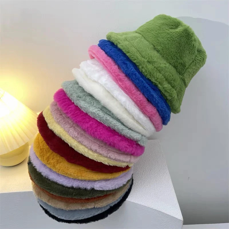 Winter Plush Bucket Hats For Women Outdoor Thick Warm Panama Cap Solid Leopard Soft Faux Fur Lady Girls Streetwear Fisherman Hat bucket hat,women bucket hat,women hat