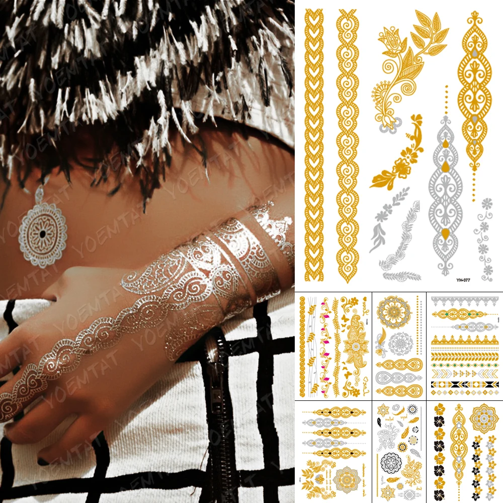 

Waterproof Temporary Tattoo Sticker Mandala Henna Bracelet Gold Silver Metallic Flash Tatoo Boho Party Jewelry Glitter Body Art