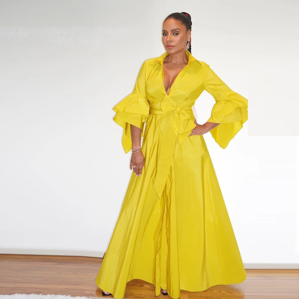 

ROSELLA Yellow V Neck Prom Dresses with Bow Belt A Line Formal Occasions Dress Ruffle Sleeves Floor Length 2023 Haute Couture