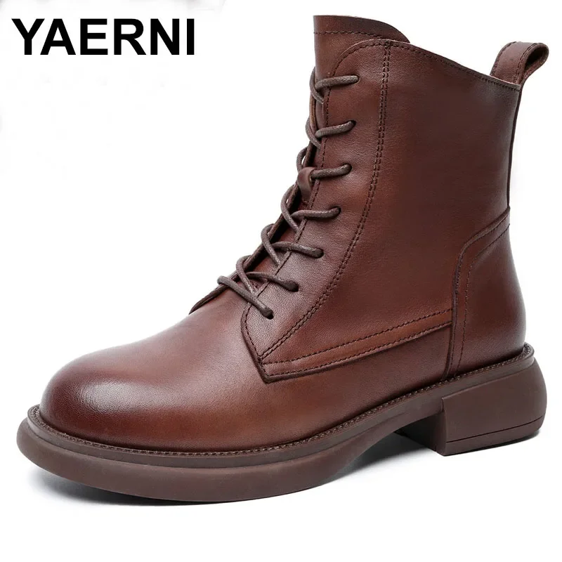 

Ladies Leather Shoes Short Boots Flat Round Toe Zipper Strap 2024 New Handmade Vintage Lace Up Sewing Casual Platform Boots