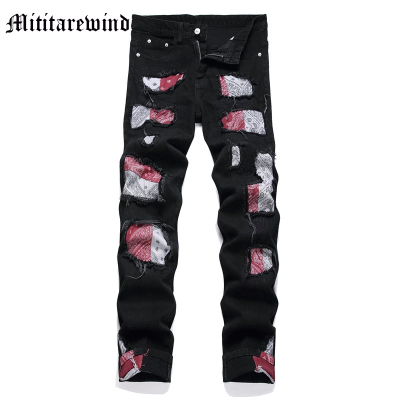 

Black Men's Jeans Hole Patches Straight Pants Lengthening Versatile High Street Y2k Trousers Hip Hop Vintage Streetwear Clothing