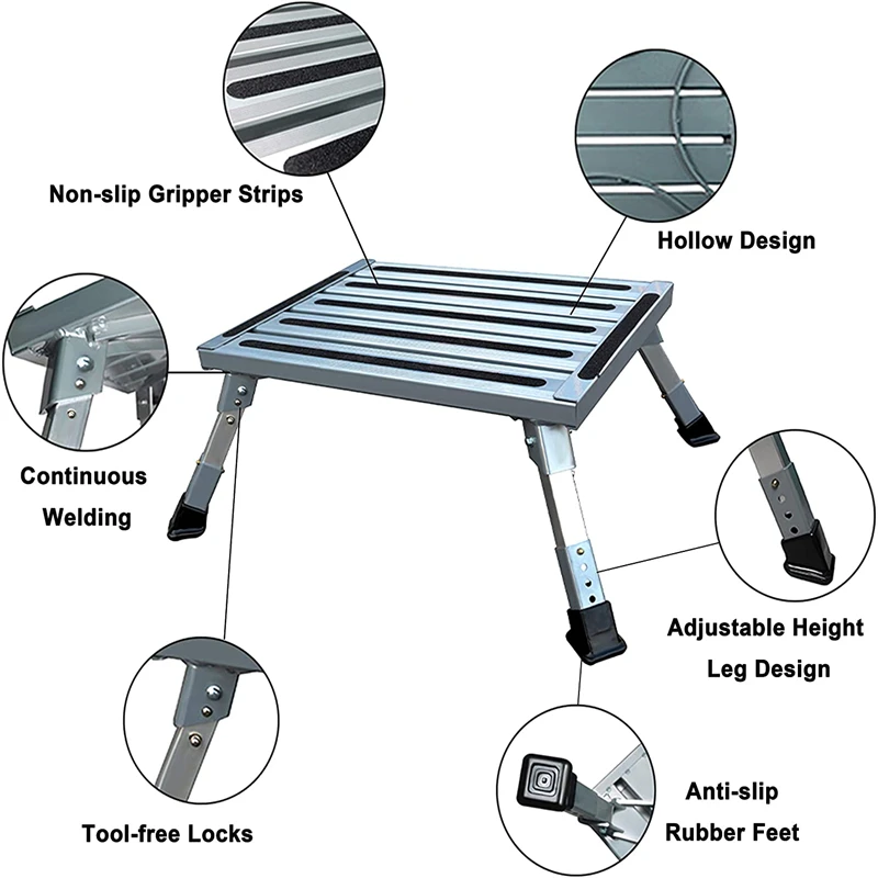 GanFindX Adjustable Height Aluminum RV Steps Stool Supports Up to 1,000 lb  with Non-Slip Rubber Feet and Platform Mat, Black 