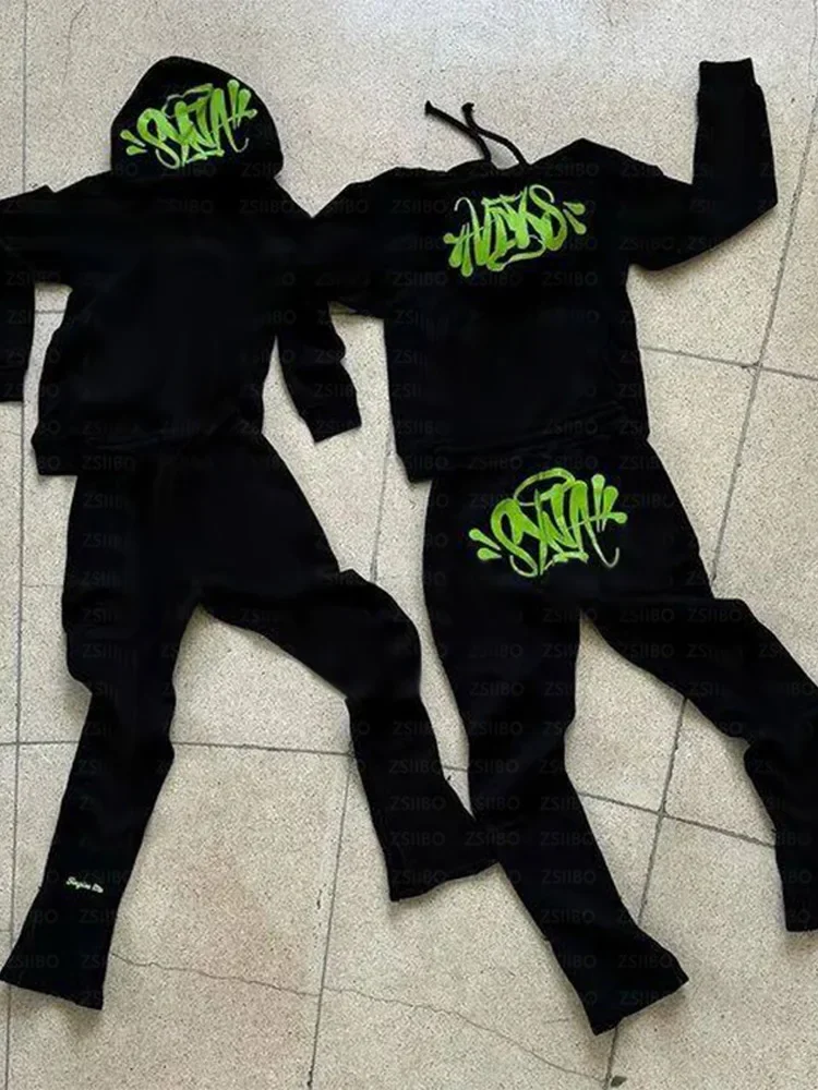 Y2k Street Men Hoodies Straight Pants 2 Piece Set Hip Hop Sports Hooded Pullover Trousers Casual Loose Cotton Printed Tracksuit sports suit tracksuit set sports set outdoor suit set