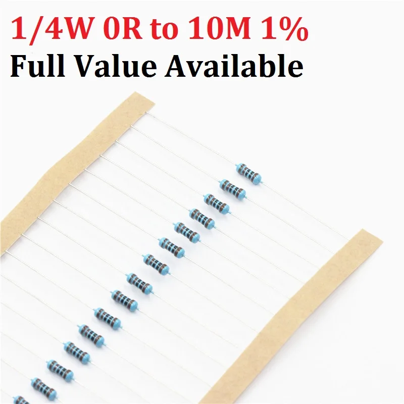 100pcs 1/4W 1R--10M 1% 1K Ohm 10K 4.7k 2.2K 100R 220R 470R 1/2/3/4/5/6 ...