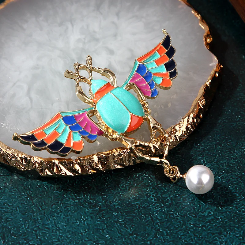 Winged Scarab Brooch Colorful Egyptian Revival Beetle Egypt Pin New Alloy Dropping Oil Beetle Pearl Breast Needle Women's Insect