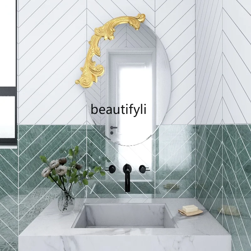 

zq European Retro Style Carved Wall-Mounted Makeup Mirror French Dressing Mirror Bathroom Wash Mirror