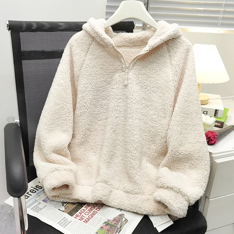 

Women's Lambswool Hooded Pullovers Fall Winter Solid Color Casual All-Matched Loose Sweatshirts Half Zipper Fleece Hoodies