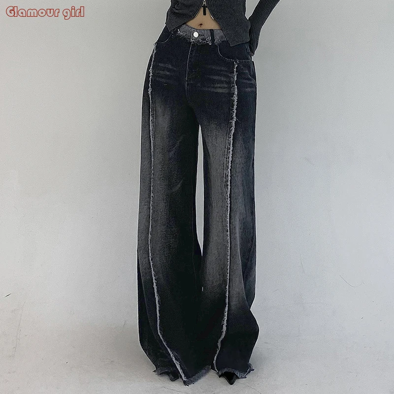 

Retro washed suede edge high waisted micro flared jeans for women to look slim and versatile, wide leg casual pants for autumn