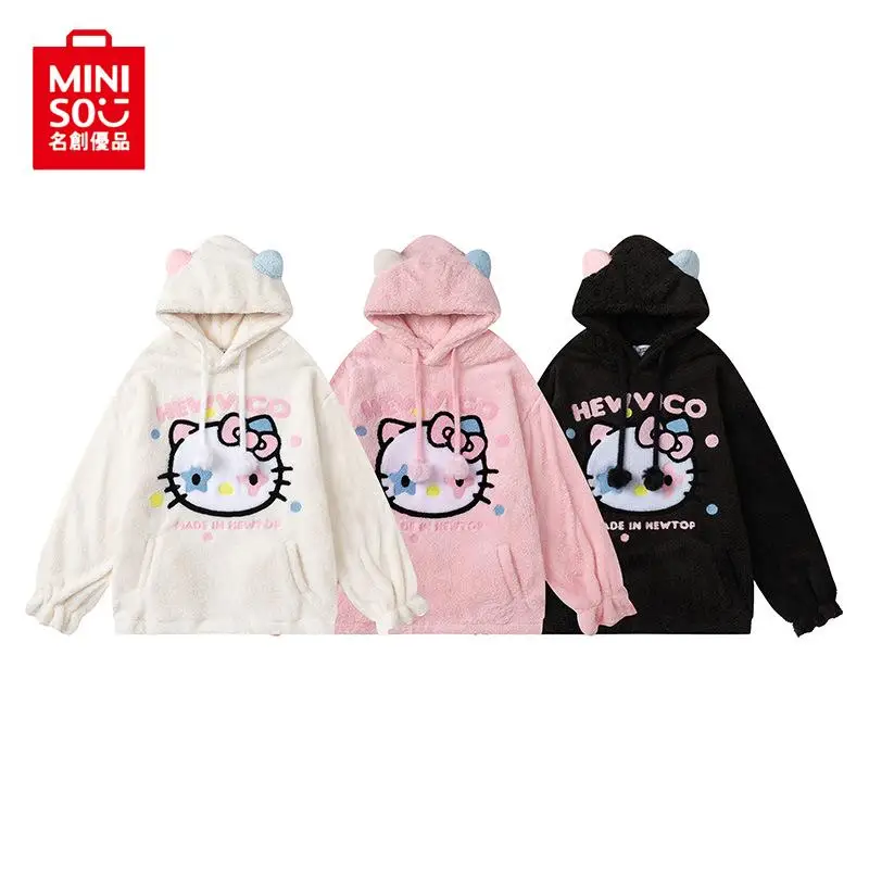 

Anime Miniso Kawaii Hello Kitty Lambswool Hooded Jacket Winter Cartoon Keep Warm Coat Cute Leisure Embroidery Coat Girls Gifts