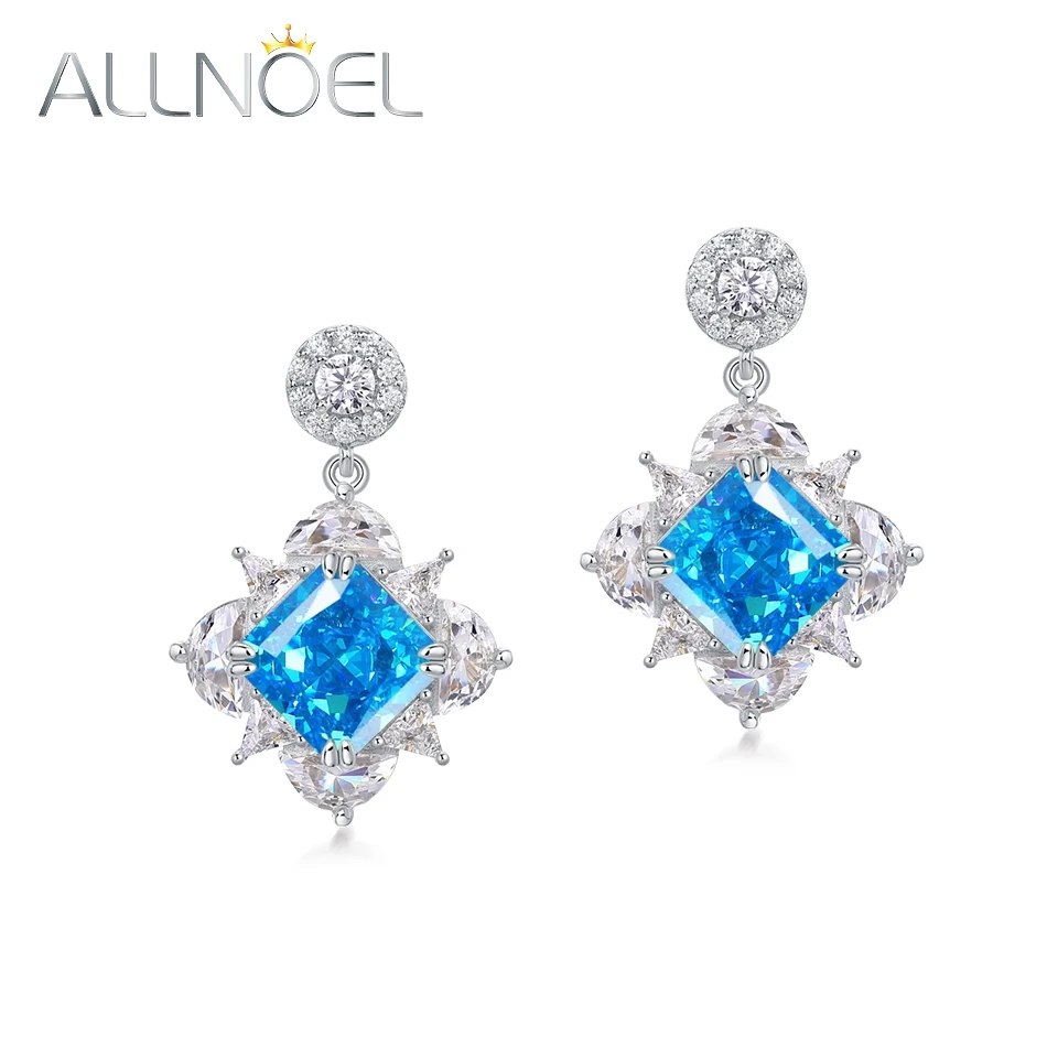 

ALLNOEL 925 Sterling Silver 8*8mm lab Created Diamond Pink Blue Yellow Gems Dangling Stud Earrings for Women Luxury Gift Jewelry