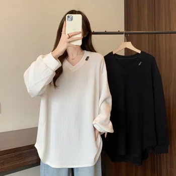 Women Autumn Solid Long Sleeve V-Neck Shirt Loose New Fashion Pullover Long T-shirt Female Casual Inner Wear Bottoming Top Tees
