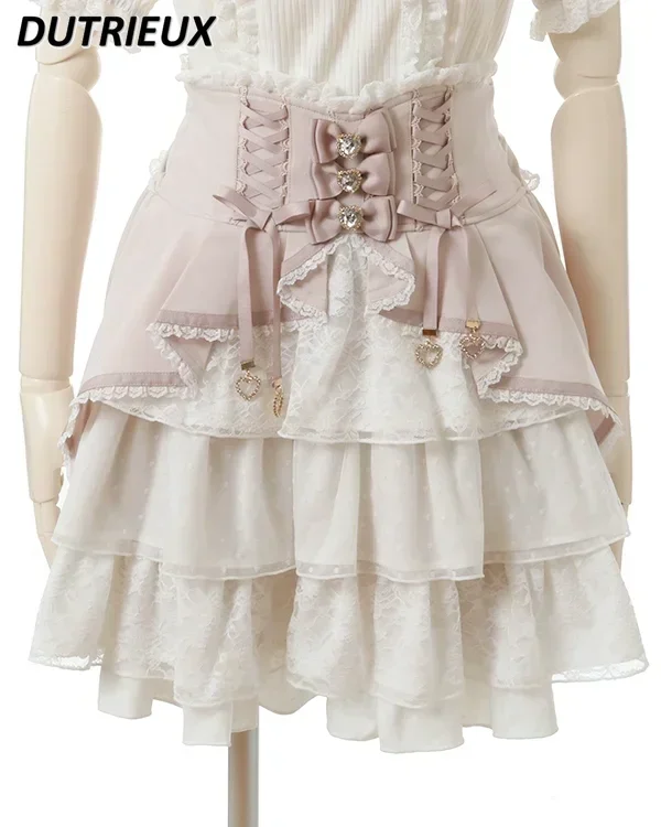 Japanese High Waist Drawstring Slim-Fit Lolita Skirt Women Multi-Layer Lace Bow Cake Skirts Summer Pleated Skirt lolita skirt