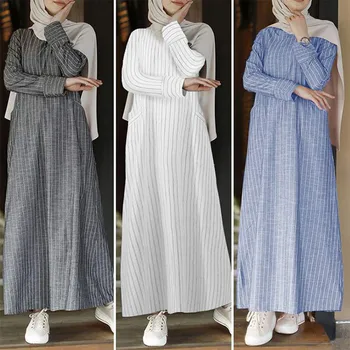 Women Long Sleeve Muslim Dress Casual Solid Round Neck Striped Abaya Loose Straight Cotton And Linen Kaftan Dress With Pockets