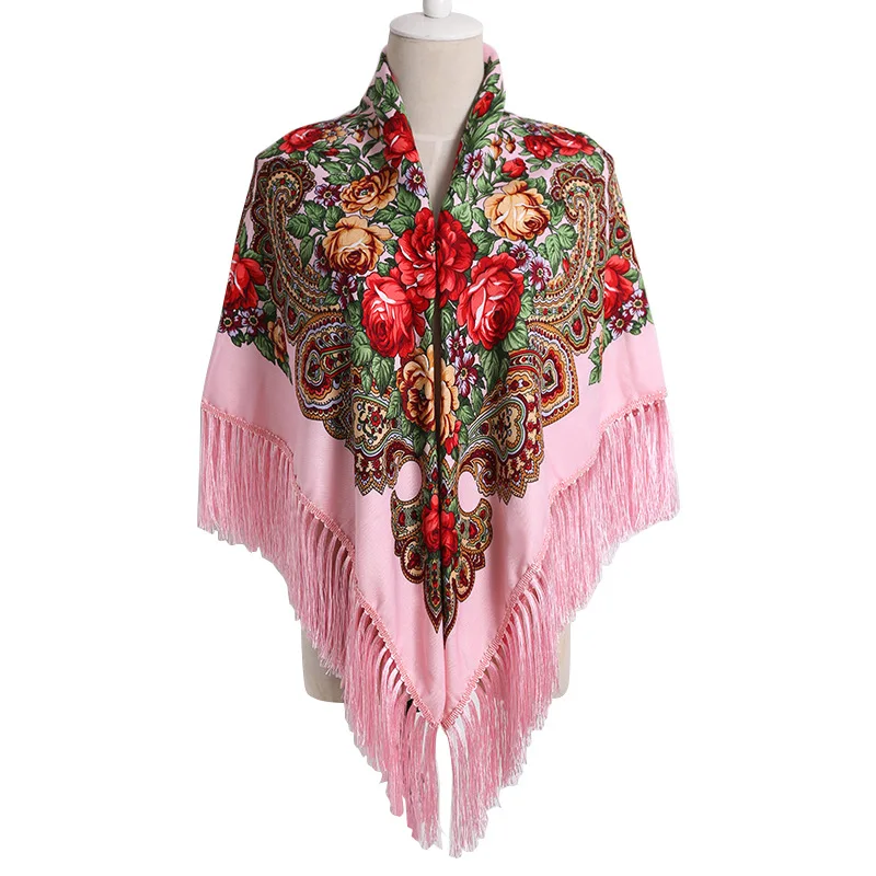 

Russian Cloak Large Flower Printed Generous Scarf Women's Shawl Warm Autumn Winter multi-function Scarf Ponchos Capes Pink