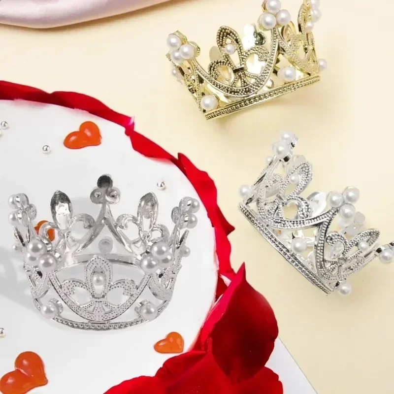 1-16Pcs Mini Crown Cake Decoration Princess Topper Pearl Tiara Children Hair Ornament for Wedding Birthday Party Cake Decoration