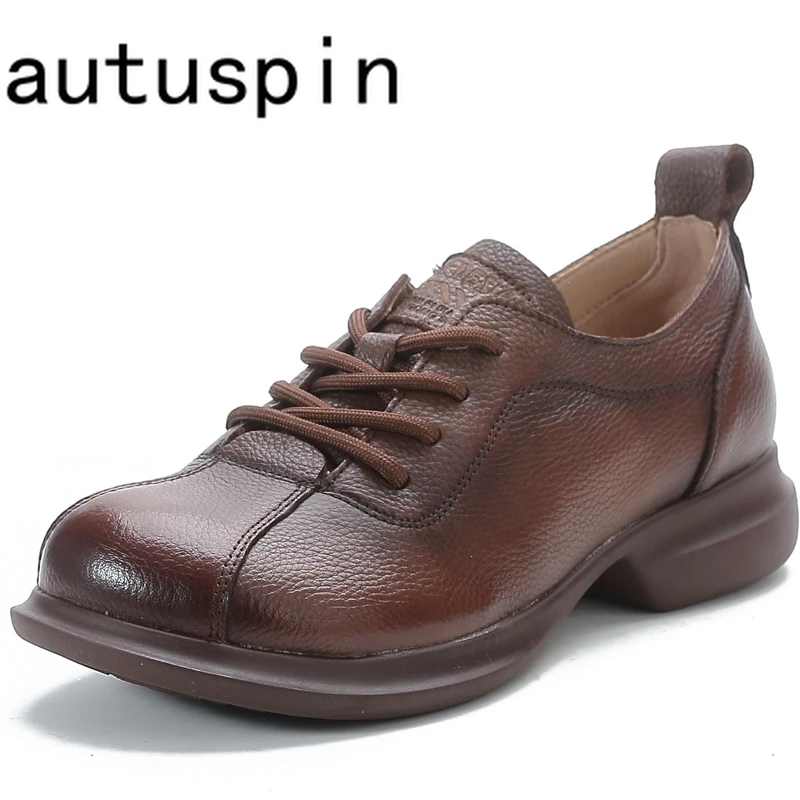 

AUTUSPIN 3.5cm Round Heels Women Pumps Retro Genuine Leather Thick Sole Shoes Outdoor Ladies Oxfords Woman Autumn Winter Casual