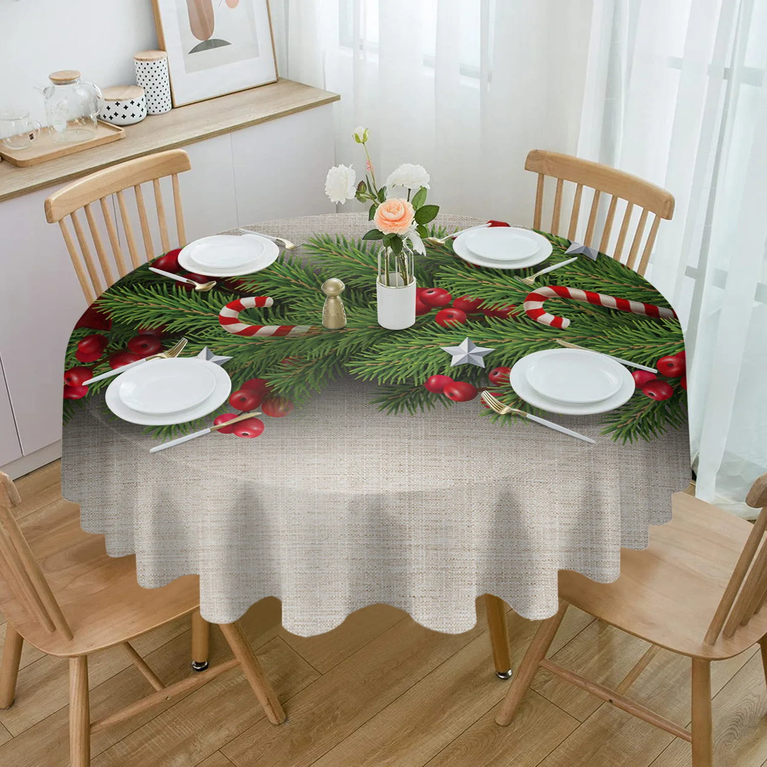 

Christmas Tree Pine Needles Candy Bow Round Tablecloth Waterproof Wedding Decor Table Cover Christmas Decorative Tablecloth