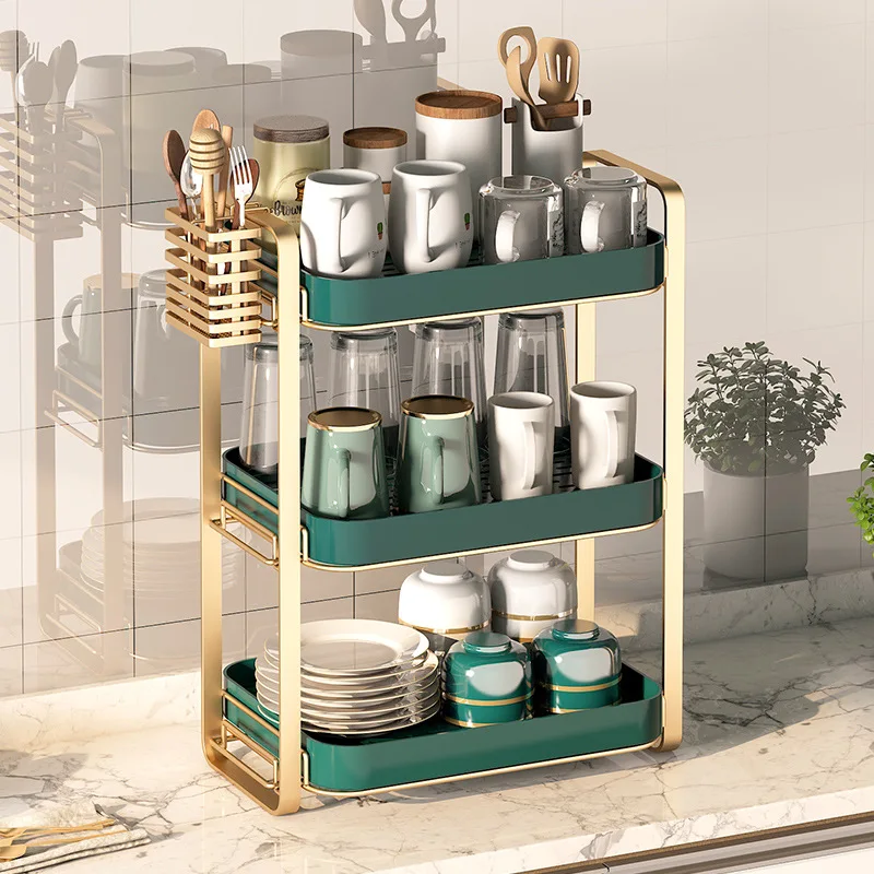

Kitchen Three-Layer Multifunctional Storage Rack with Double-Layer Drain Tray Household Tea Set Fruit Seasoning Storage Rack