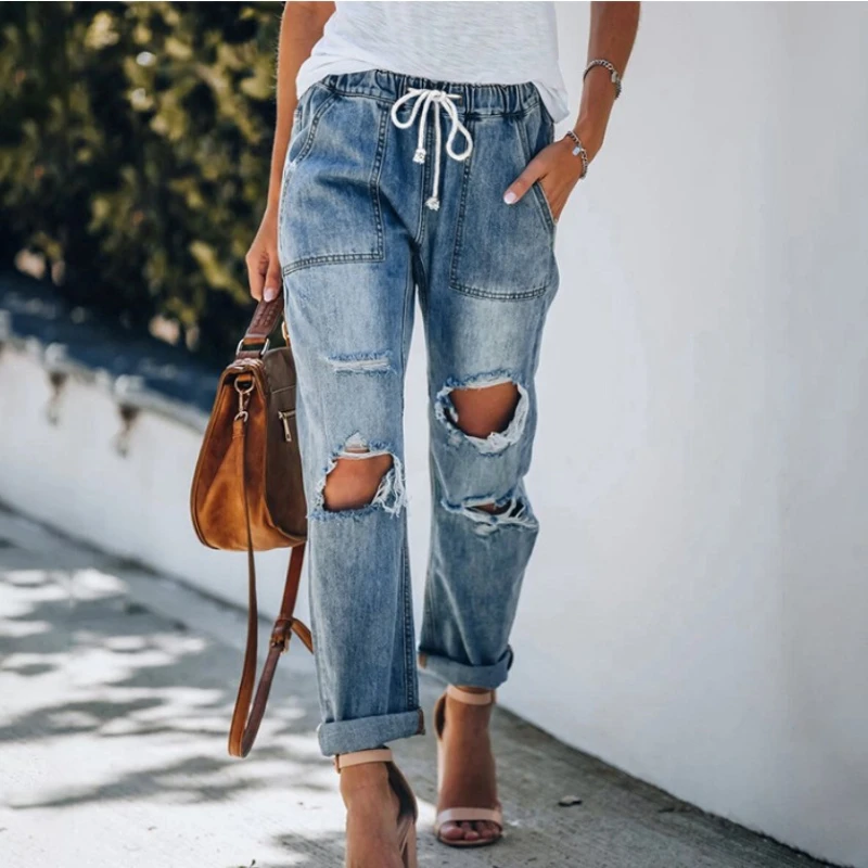 High Waist Elastic Waist Lace Up Big Pocket Trousers with Holes Autumn Straight Ripped Women's Jeans Female Cords Denim Pants