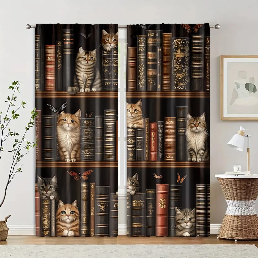 2pcs, Minimalist Curtains 2D print The story of the cat and the book Machine Washable Polyester (without rod) Art Deco Festive 2