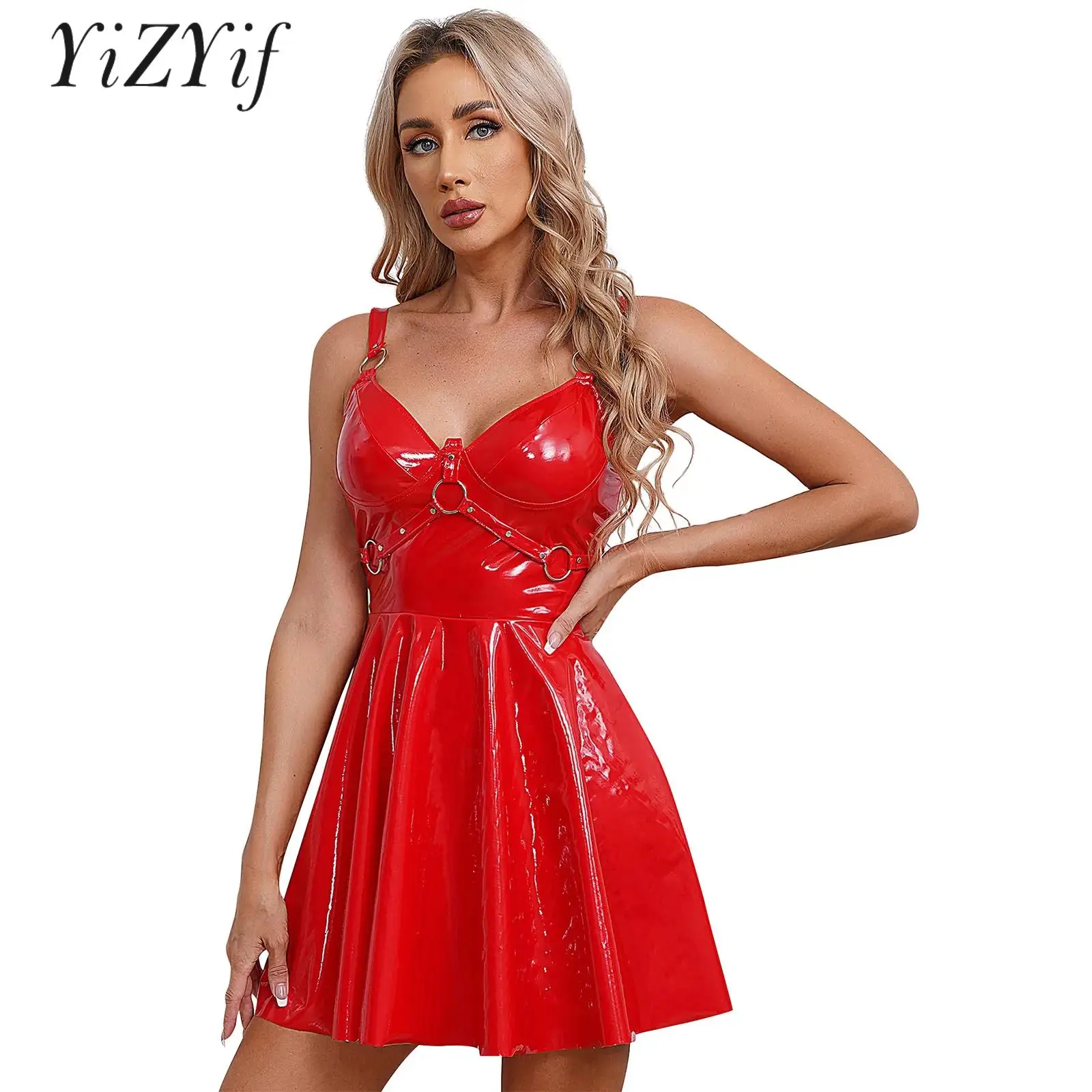 

Womens Wet Look Patent Leather Slip Dress O-Ring Rivets Strappy V Neck A-Line Mini Dress Gothic Party Clubbing Dress Pole Dance
