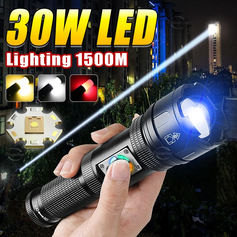 

30W High Power Led Flashlights Zoom 1500m World's More Powerful Flashlight Rechargeable XHP99 Torch Waterproof COB Camp Lantern