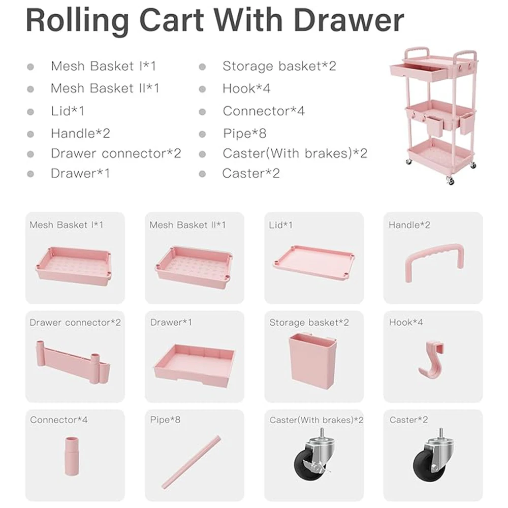 3 Tier Rolling Utility Cart with Drawer, Cart Made of Multifunctional Storage Organizer Tool for Kitchen,Bathroom,Living Room