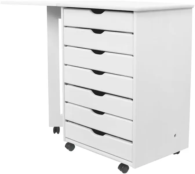Original Drop Leaf Roll Cart with Desk, Sold Wood, 7 Drawer Extra Wide Drawers Roll Carts (White)