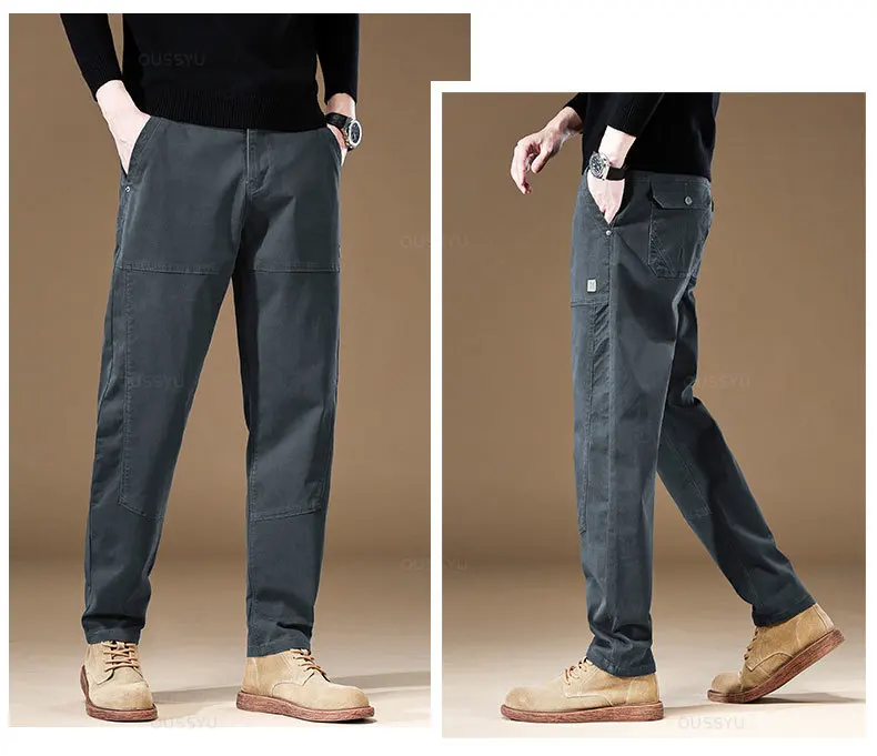 Hochwertige Ganzjahres-Cargohose für Herren aus 97% Baumwolle, Einfarbig, Grau, Lässige Koreanische Jogger-Hose mit Taschen, Arbeitshose für Männer – Detail 10