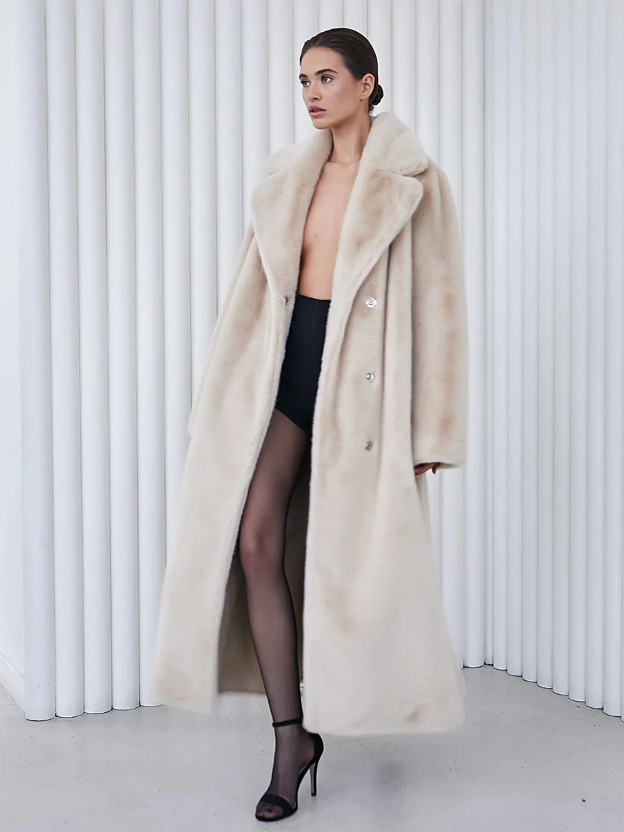 Bornladies New Autumn Winter Women's Elegant Long Furry Coat Notched Lapel Tie Waist Design Warm Faux Fur Outerwear