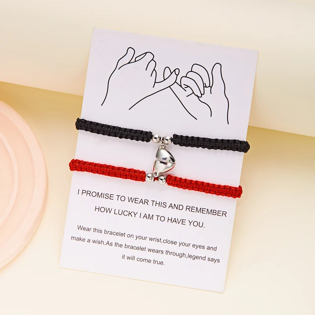 Bracelet porte-bonheur en corde tressée rouge, 2 pièces, pour femmes et hommes, cœur romantique, magnétique, assorti, bijoux pour amoureux de la saint-valentin