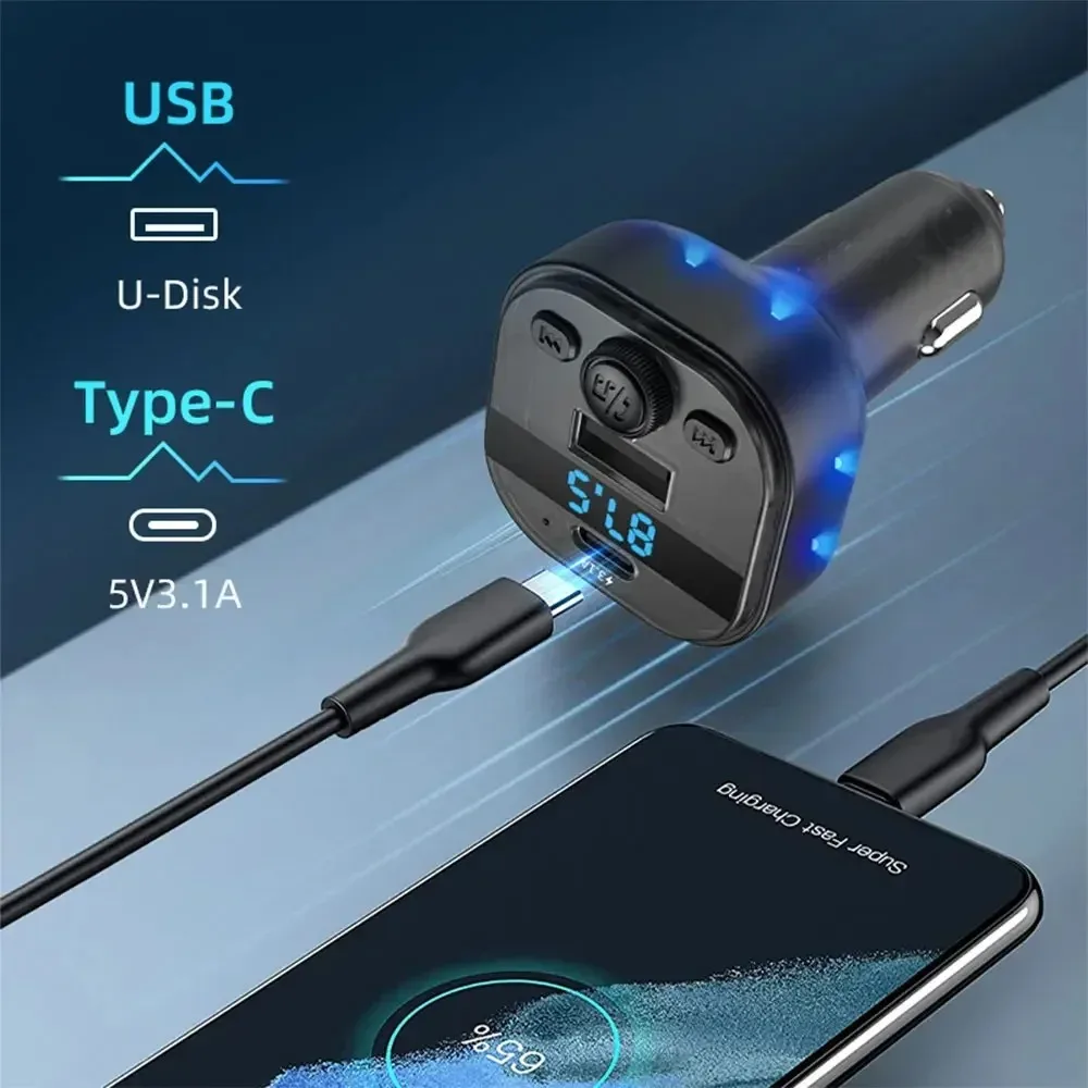 USB Type-C Car Charger FM Transmitter Bluetooth Wireless Car USB Charger Handsfree MP3 Player For iPhone 15 Xiaomi 14 Adapters